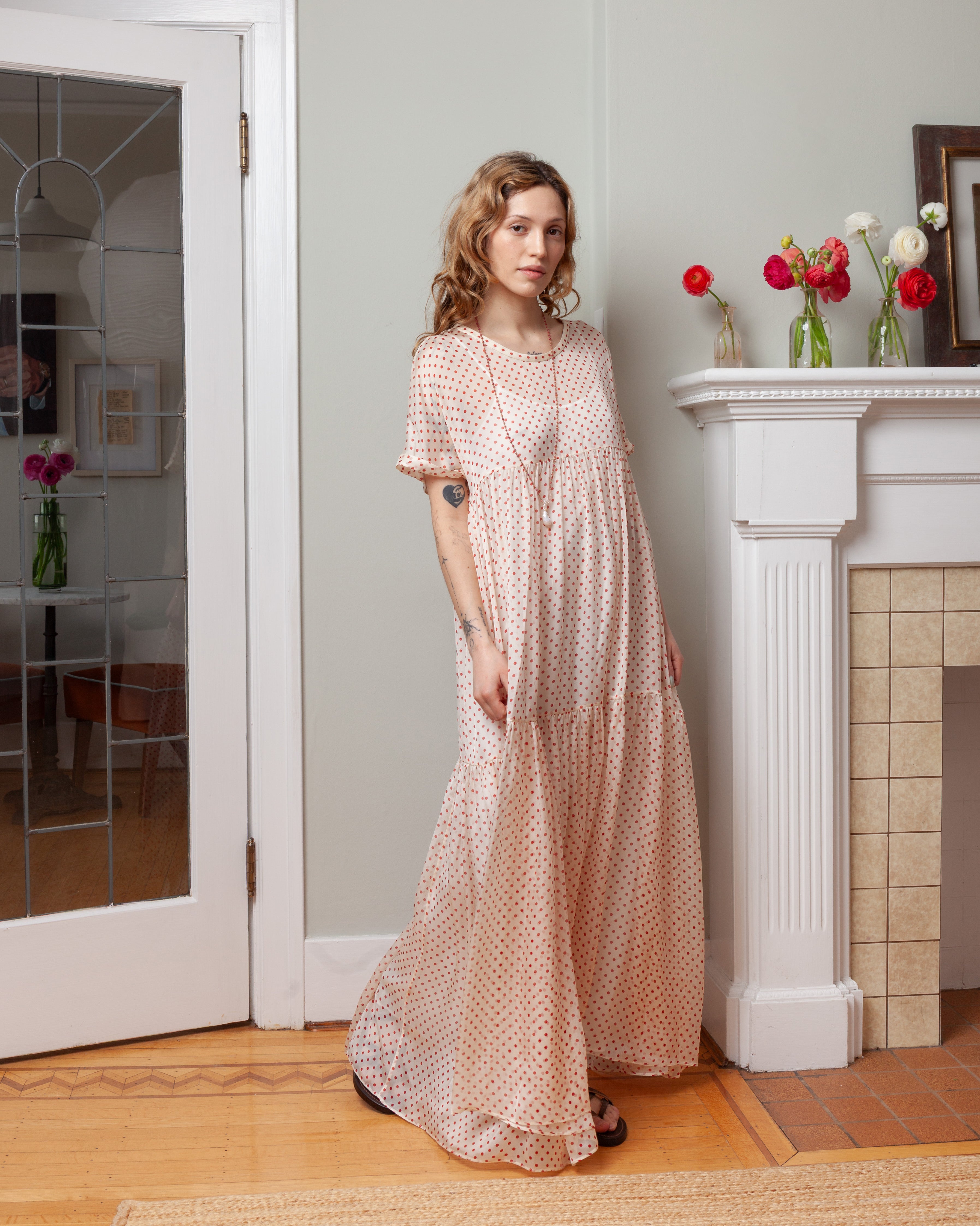 Aspesi-Silk Polka Dot Dress s/sl - Natural-Dresses-Boboli-Vancouver-Canada