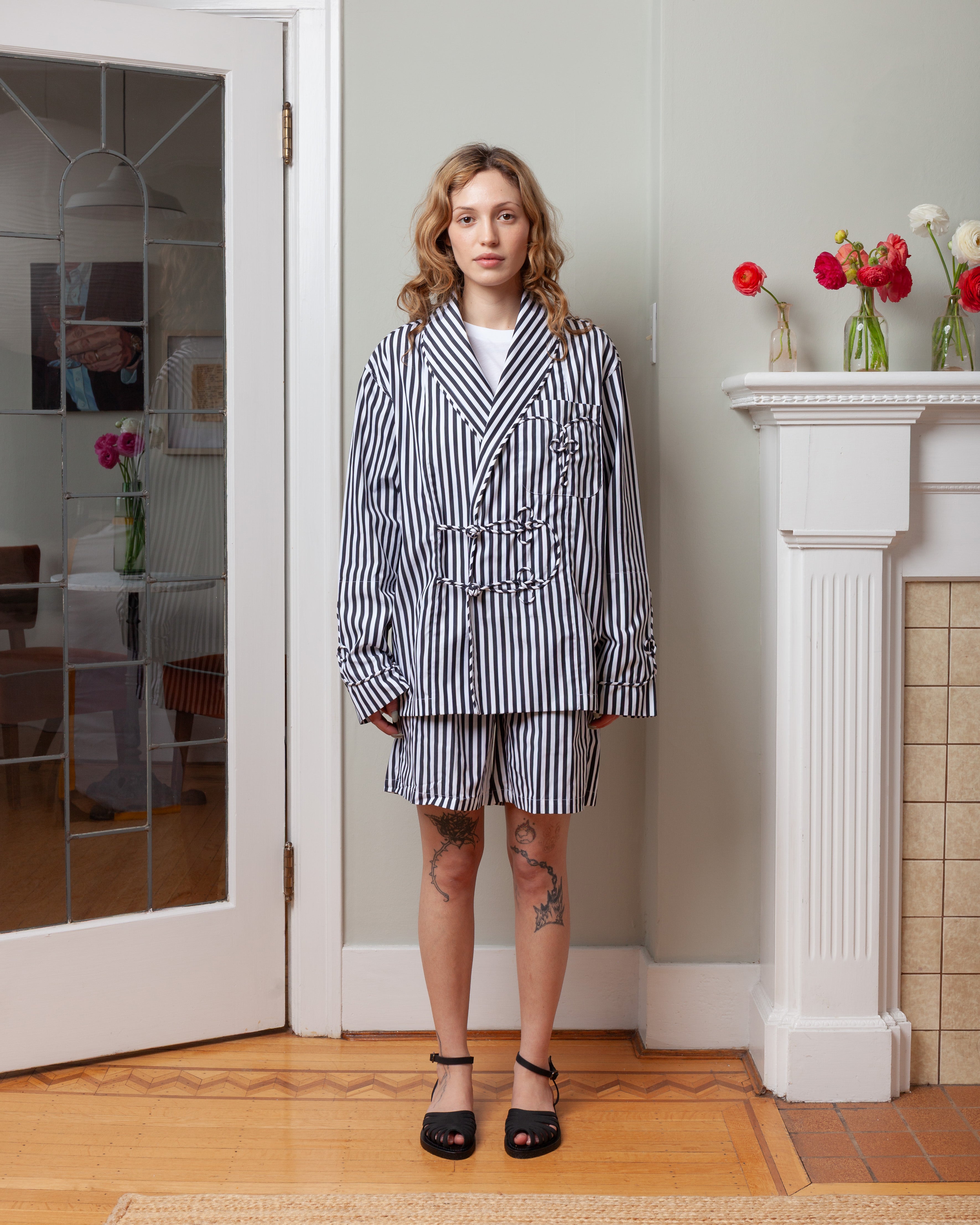 Embroidered Smoking Jacket - Black & White