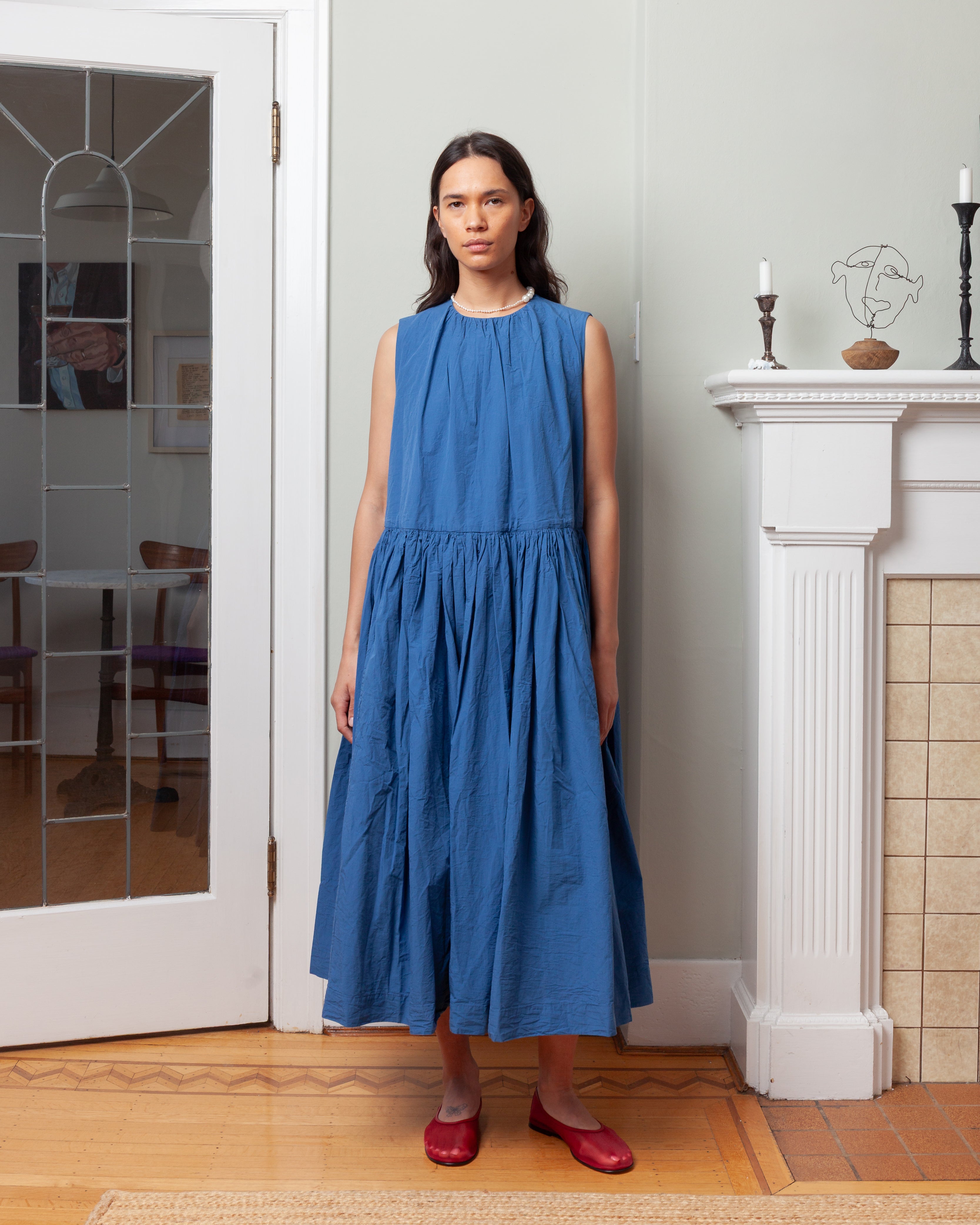 Casey Casey-Pomme Ruchee Dress - Chalk Poplin - Medium Blue-Dresses-Boboli-Vancouver-Canada