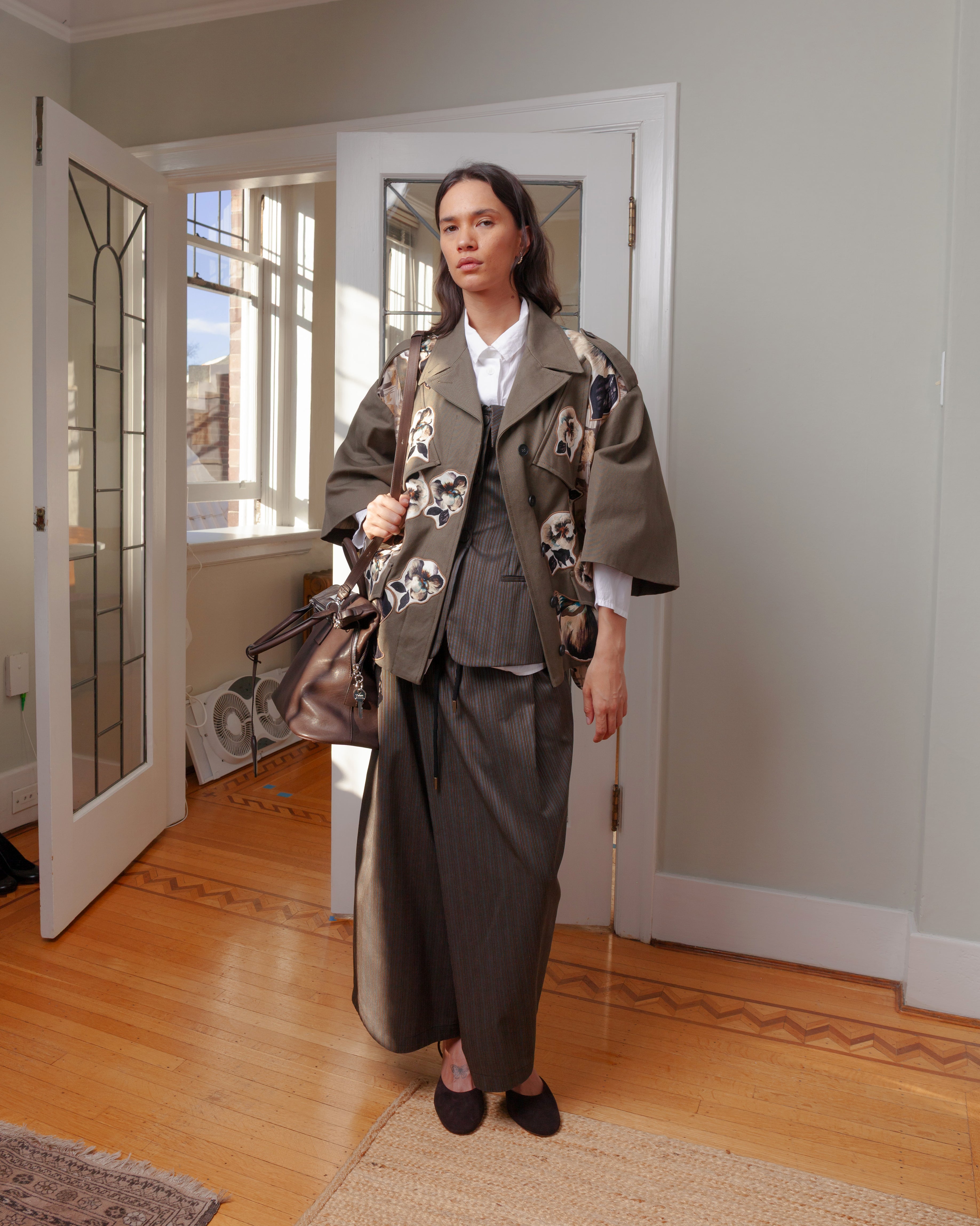 Wide Pinstripe Wrap Trousers - Black/Brown