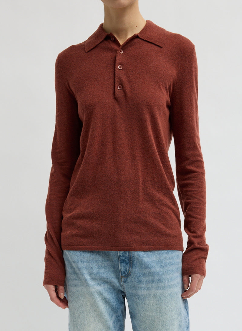 Tibi-Skinlike Mercerized Wool Soft Sheer Polo - Red Clay-Sweaters-Boboli-Vancouver-Canada