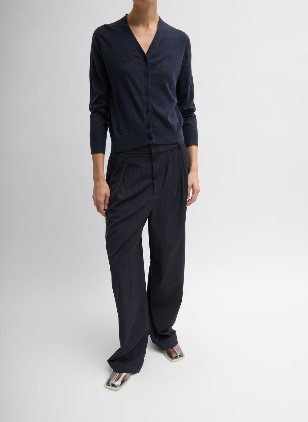 Tibi-Skinlike Mercerized Wool VNeck Cardigan - Navy-Cardigans-Boboli-Vancouver-Canada
