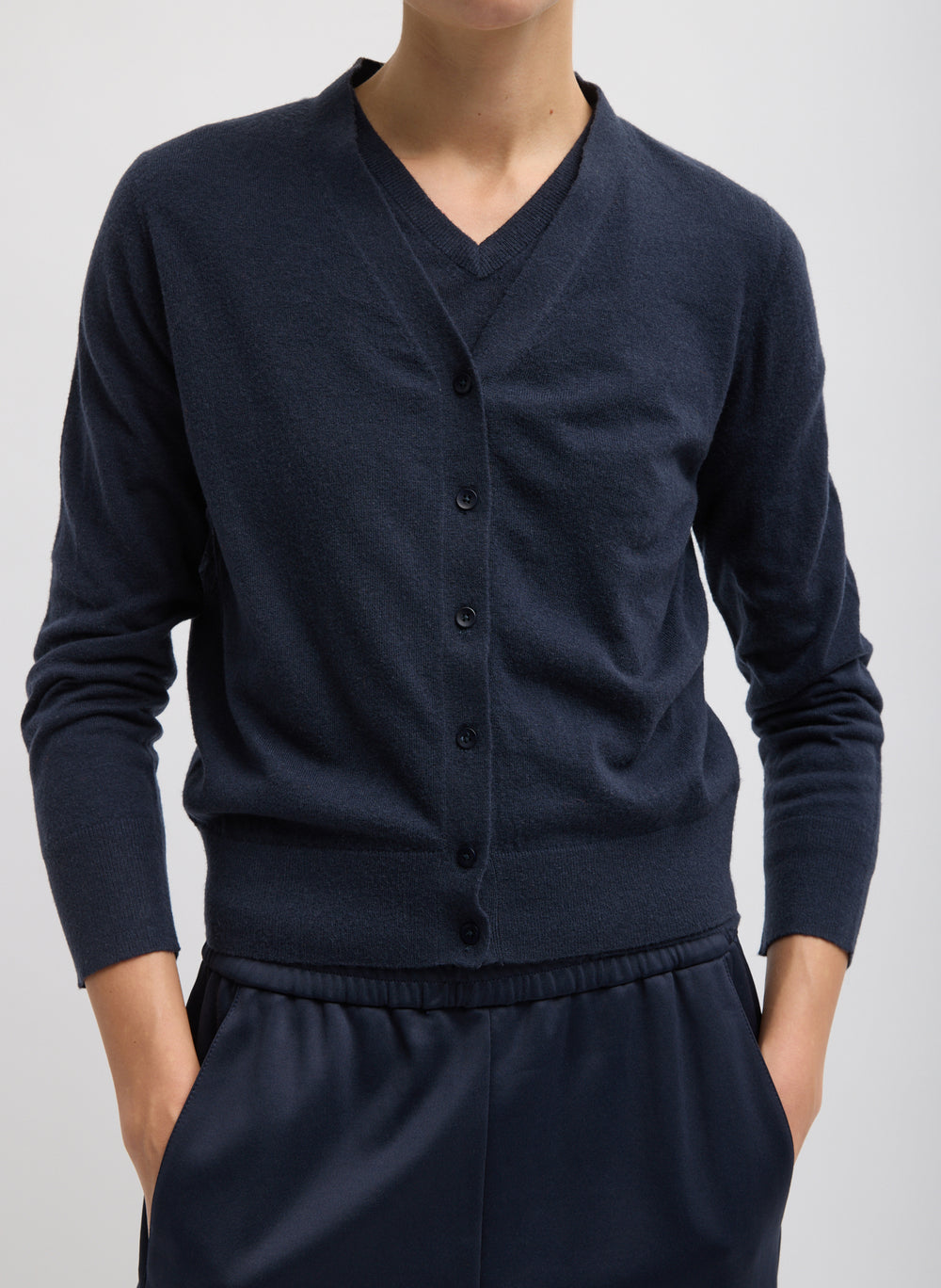 Tibi-Skinlike Mercerized Wool VNeck Cardigan - Navy-Cardigans-Boboli-Vancouver-Canada
