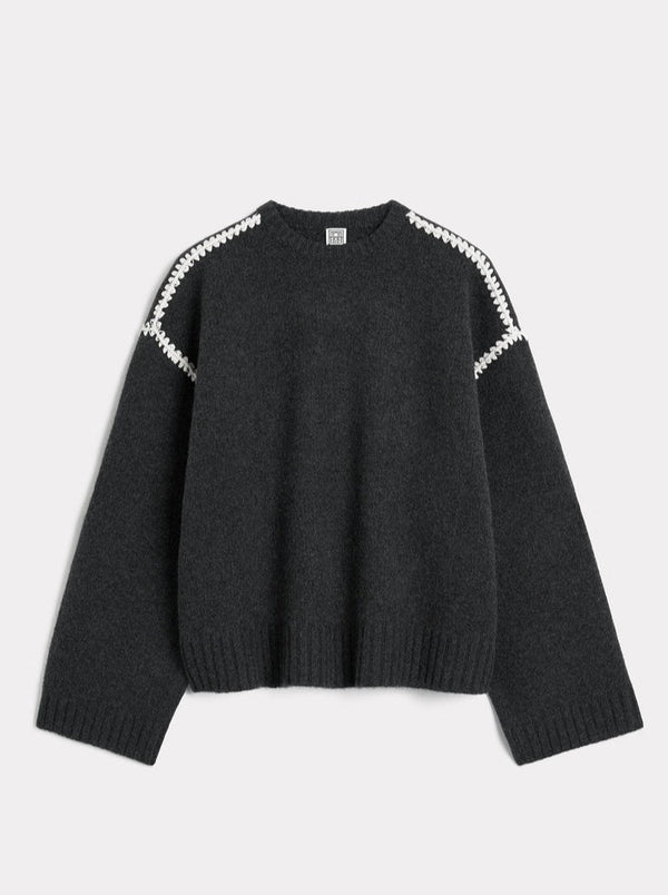 Totême-Embroidered Wool Cashmere Knit - Grey Melange-Sweaters-XXS-Boboli-Vancouver-Canada