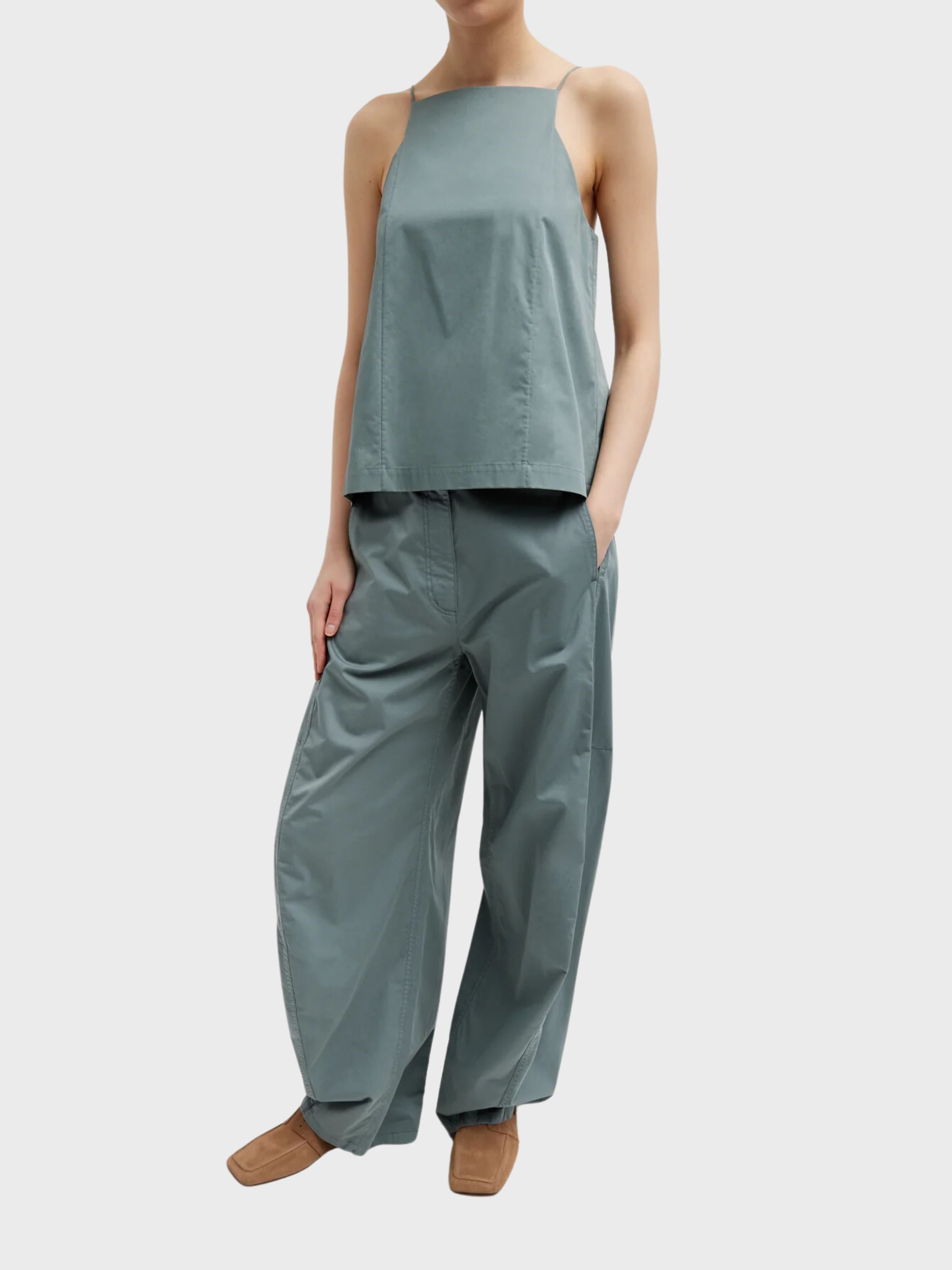 Tibi-Eco Poplin Cropped Criss Cross Tank - Green Limestone-Tanks-Boboli-Vancouver-Canada