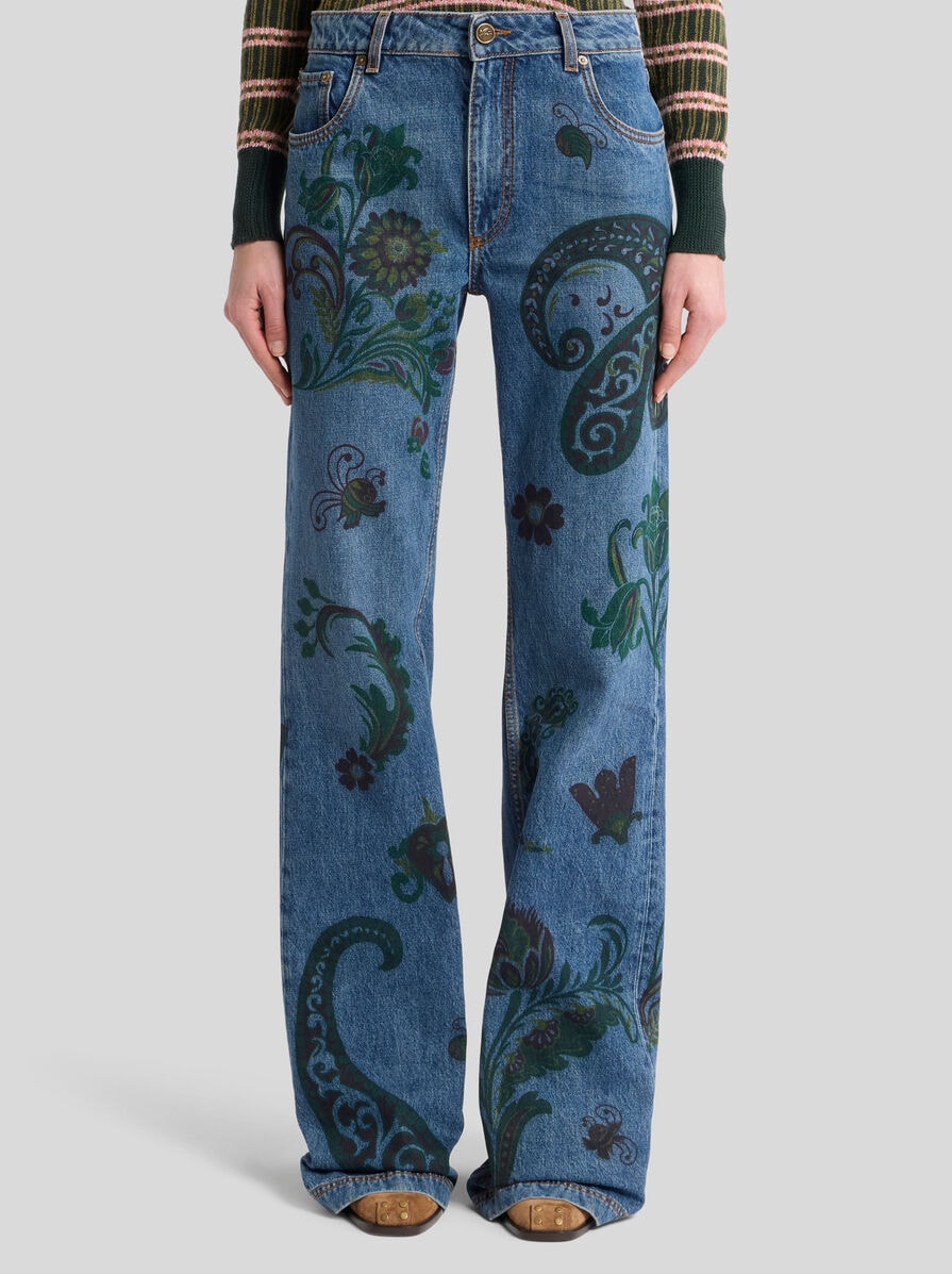 Etro-Flared Jeans w/Flower and Bee Print - Blue-Pants-Boboli-Vancouver-Canada