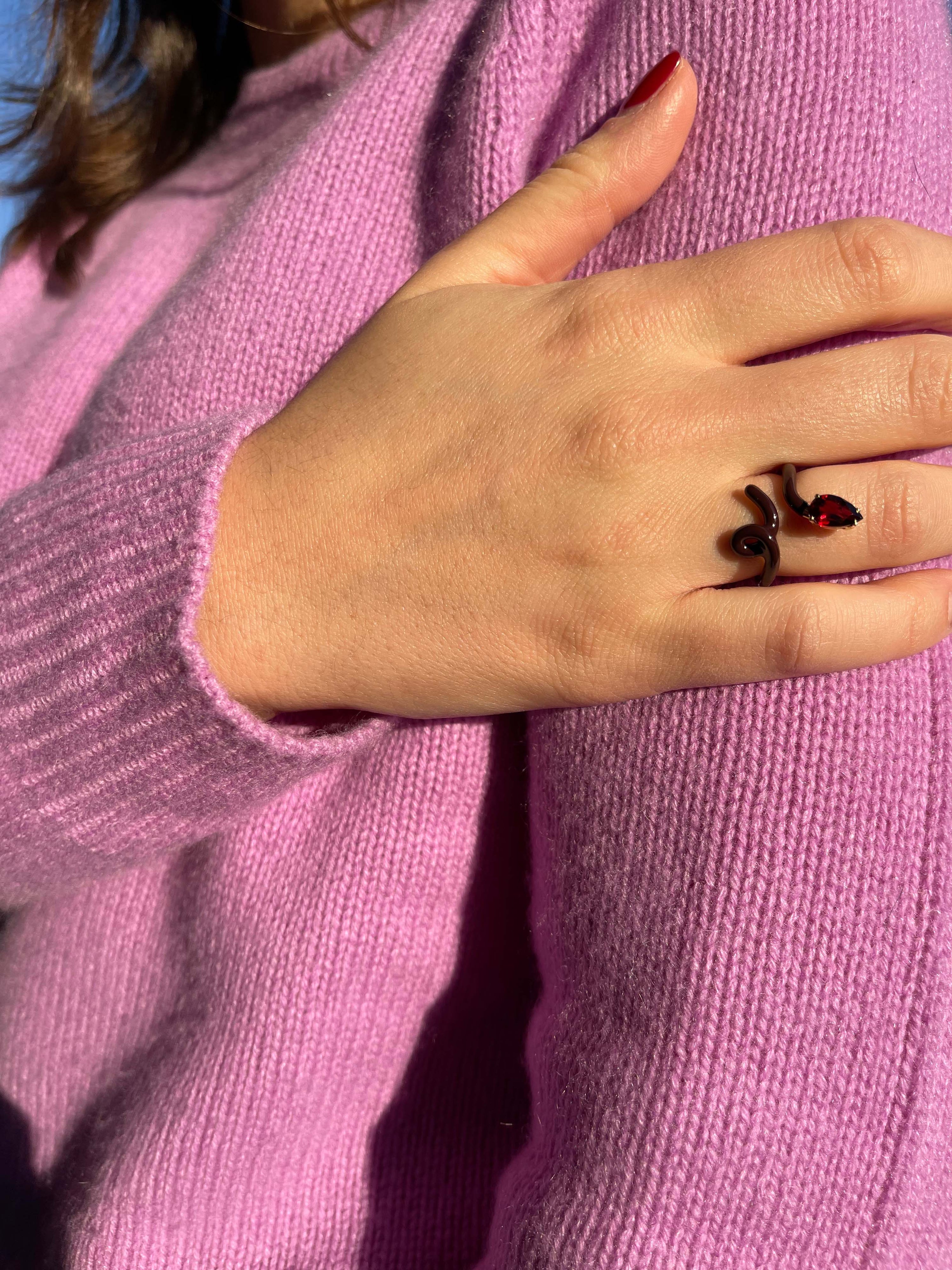 Bea Bongiasca-Baby Vine Tendril Ring in Cherry Chocolate w/ Garnet-Jewellery-7-Boboli-Vancouver-Canada