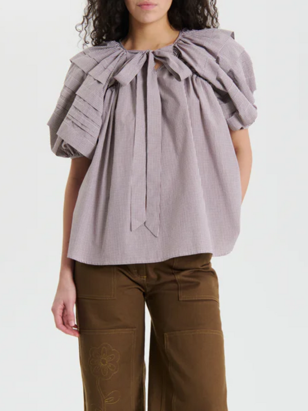 Cecilie Bahnsen-Paloma Top - Brown/White Gingham-Tops-UK 08-Boboli-Vancouver-Canada