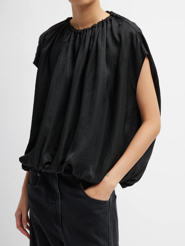 Tibi-Light Weight Acetate Shirred Neck Circular Top - Black-Tops-Boboli-Vancouver-Canada