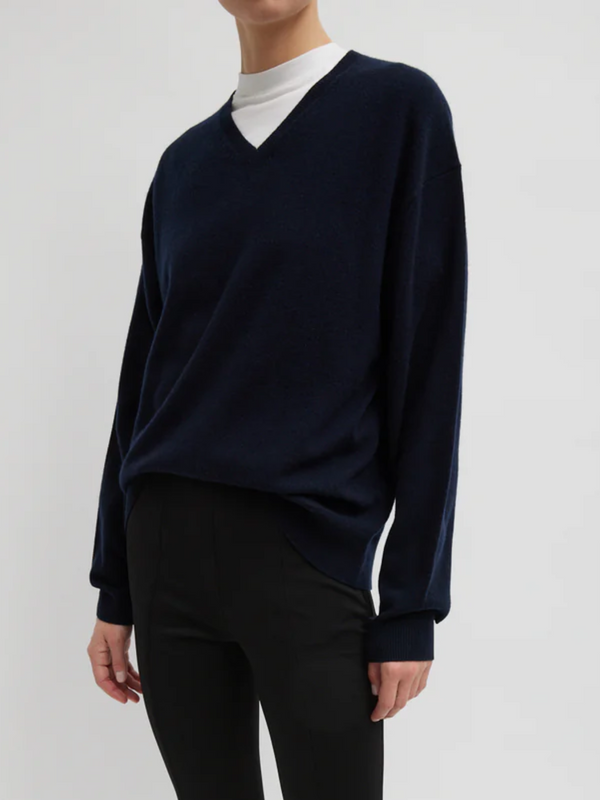 Tibi-Washable Cashmere Easy V-Neck Sweater - Navy-Sweaters-Boboli-Vancouver-Canada