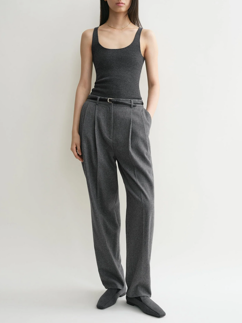 Totême-Double-Pleated Tailored Trouser - Grey Melange-Pants-Boboli-Vancouver-Canada