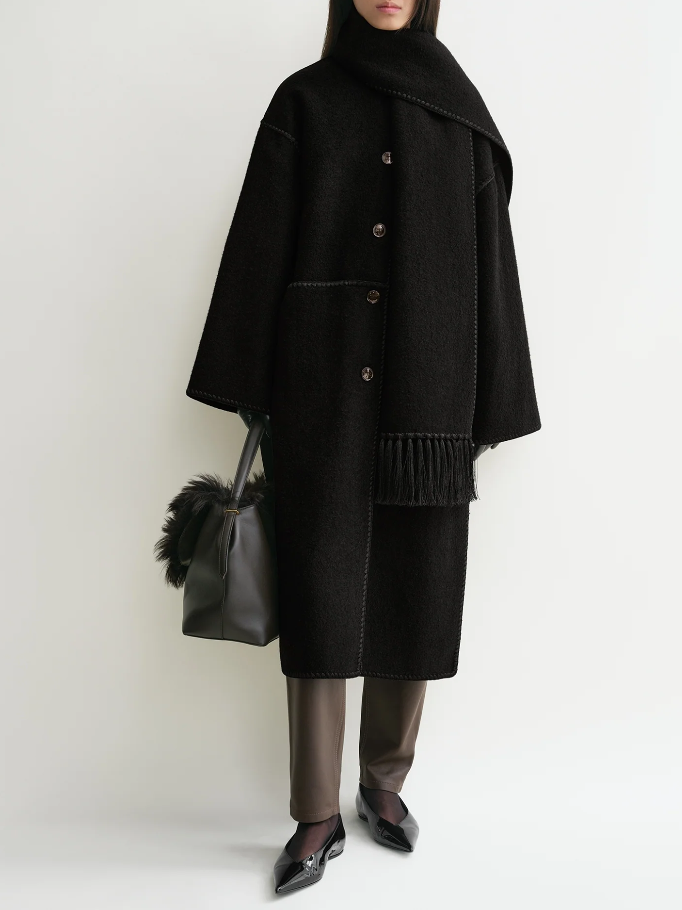 Totême-Embroidered Scarf Coat - Black-Coats-Boboli-Vancouver-Canada