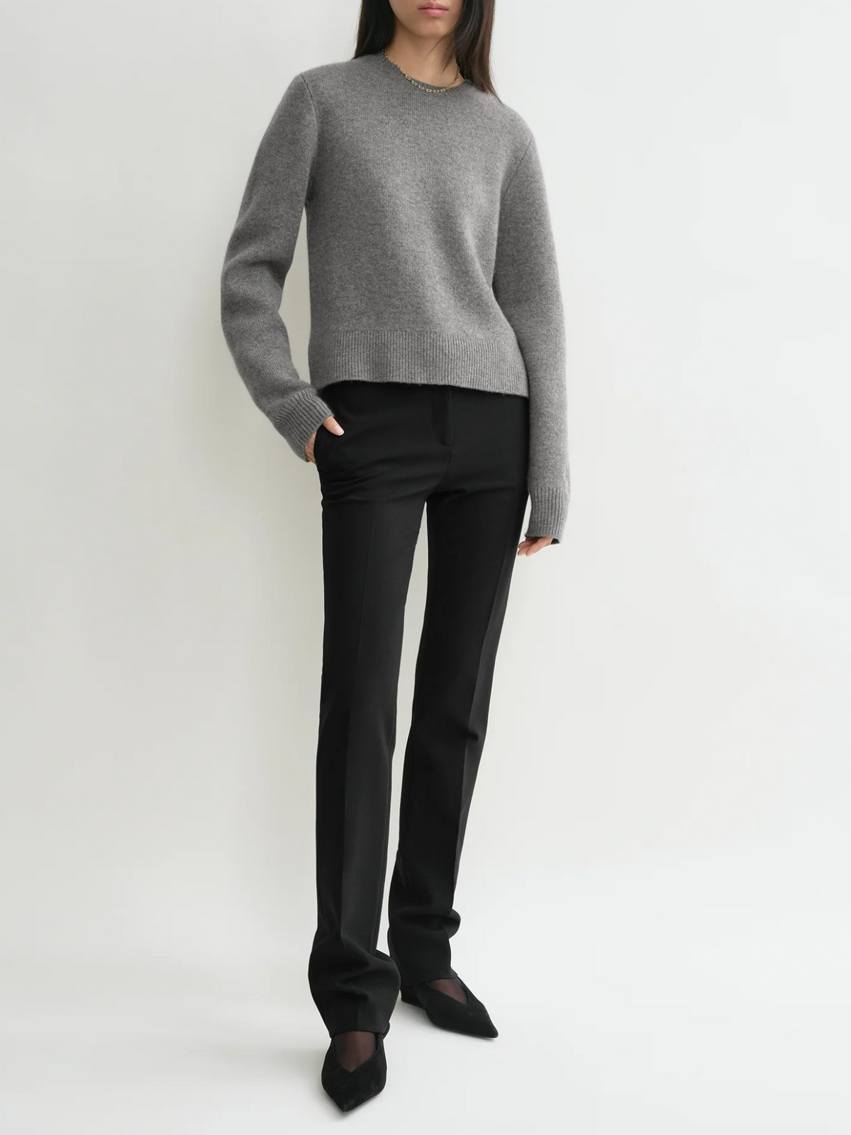 Cropped Crew Neck Knit Sweater Grey Melange