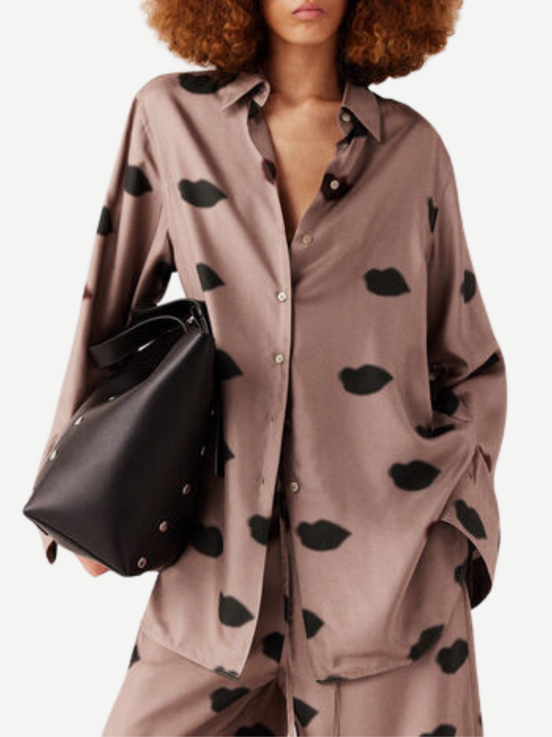 Stella McCartney-Lips Print Boyfriend Shirt - Light Taupe-Shirts-Boboli-Vancouver-Canada