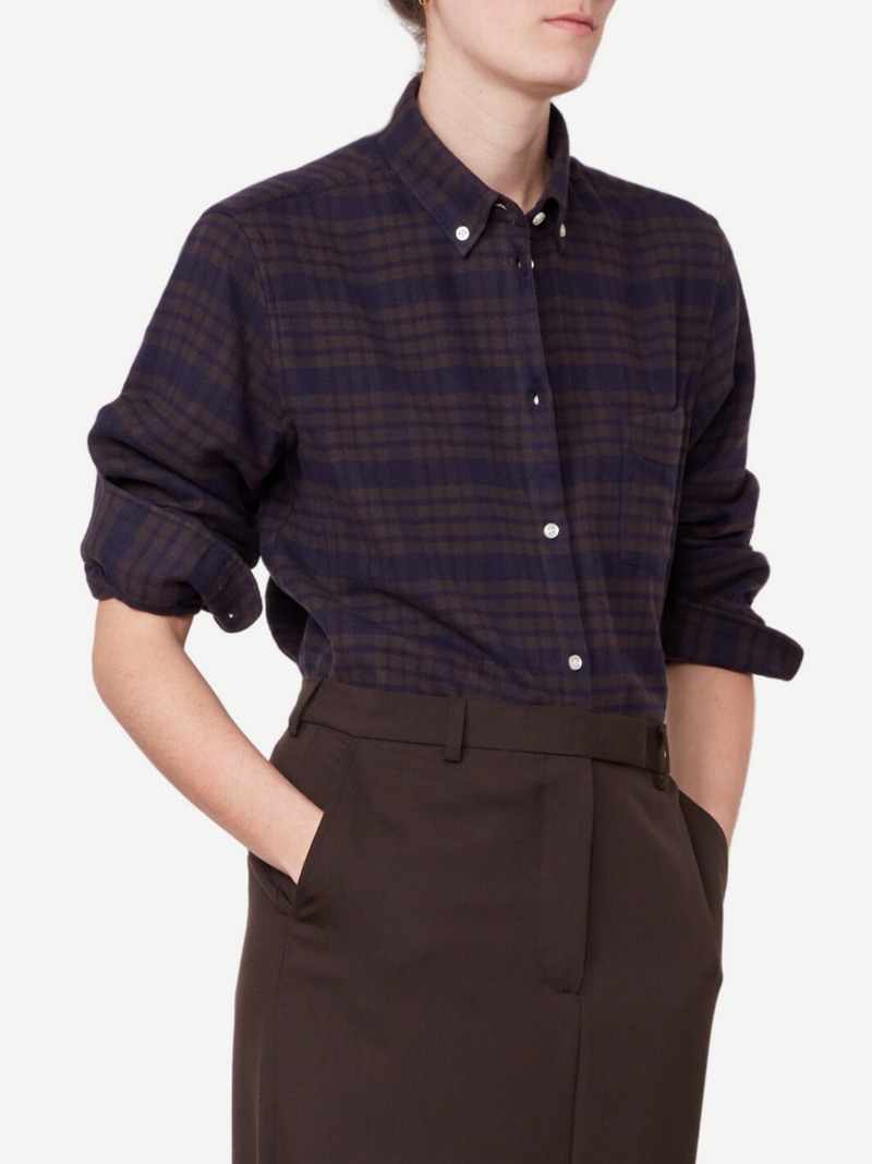 Officine Generale-Vivienne Twill Check Shirt - Navy/Coffee-Shirts-Boboli-Vancouver-Canada