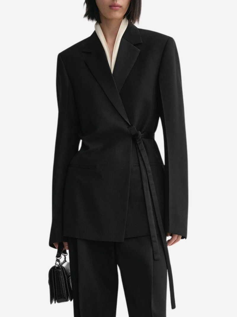 Totême-Satin-Lapel Wrap Blazer - Black-Blazers-Boboli-Vancouver-Canada