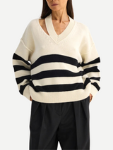 Rohe-Deconstructed Cashmere V-Neck - Off White/Black Stripe-Sweaters-Boboli-Vancouver-Canada