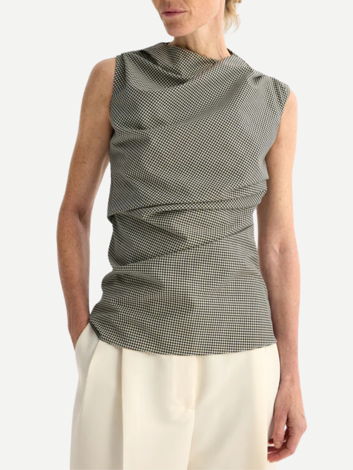 Rohe-Sleeveless Twisted Mini-Check Top - Cream/Black Check-Tops-Boboli-Vancouver-Canada