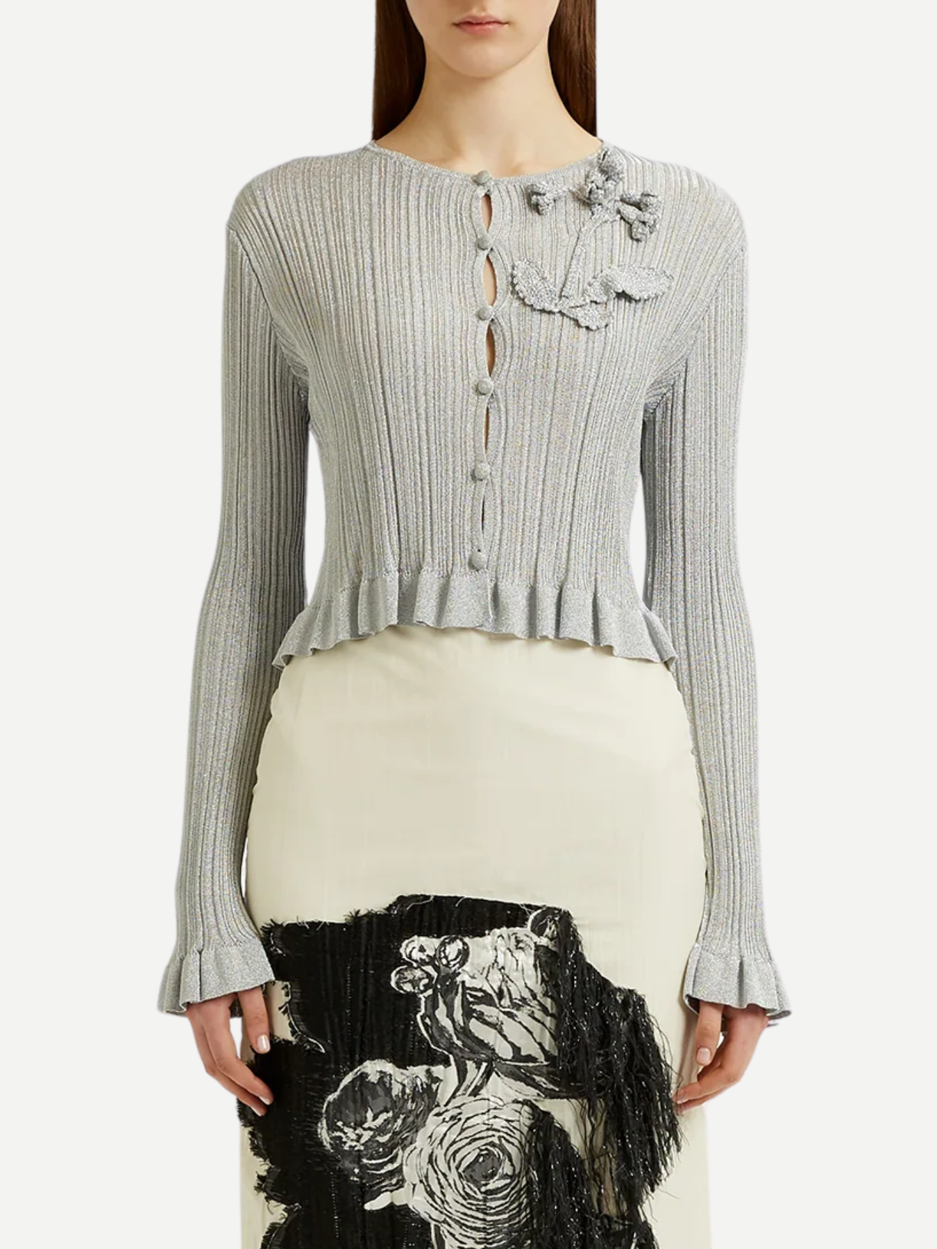 Erdem-Lurex Plisse Cardigan - Silver-Cardigans-Boboli-Vancouver-Canada