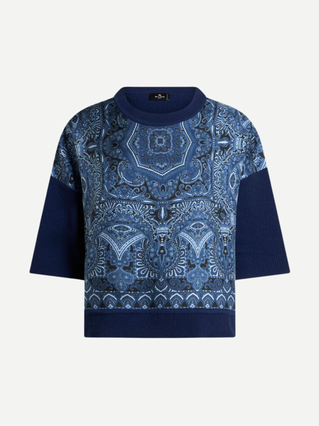 Etro-Knit T-Shirt w/Silk Scarf Motif - Blue-Shirts-Boboli-Vancouver-Canada