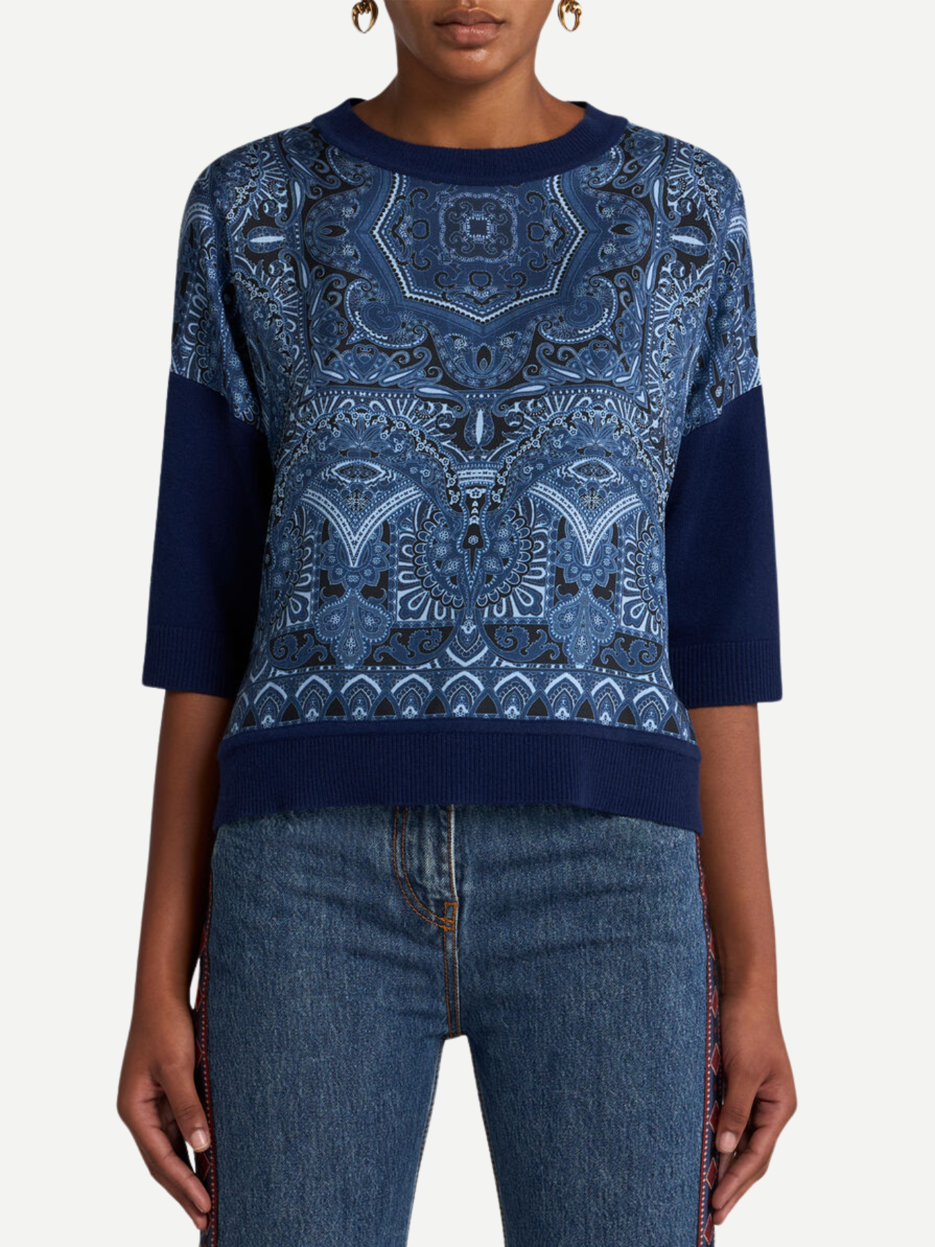 Etro-Knit T-Shirt w/Silk Scarf Motif - Blue-Shirts-Boboli-Vancouver-Canada