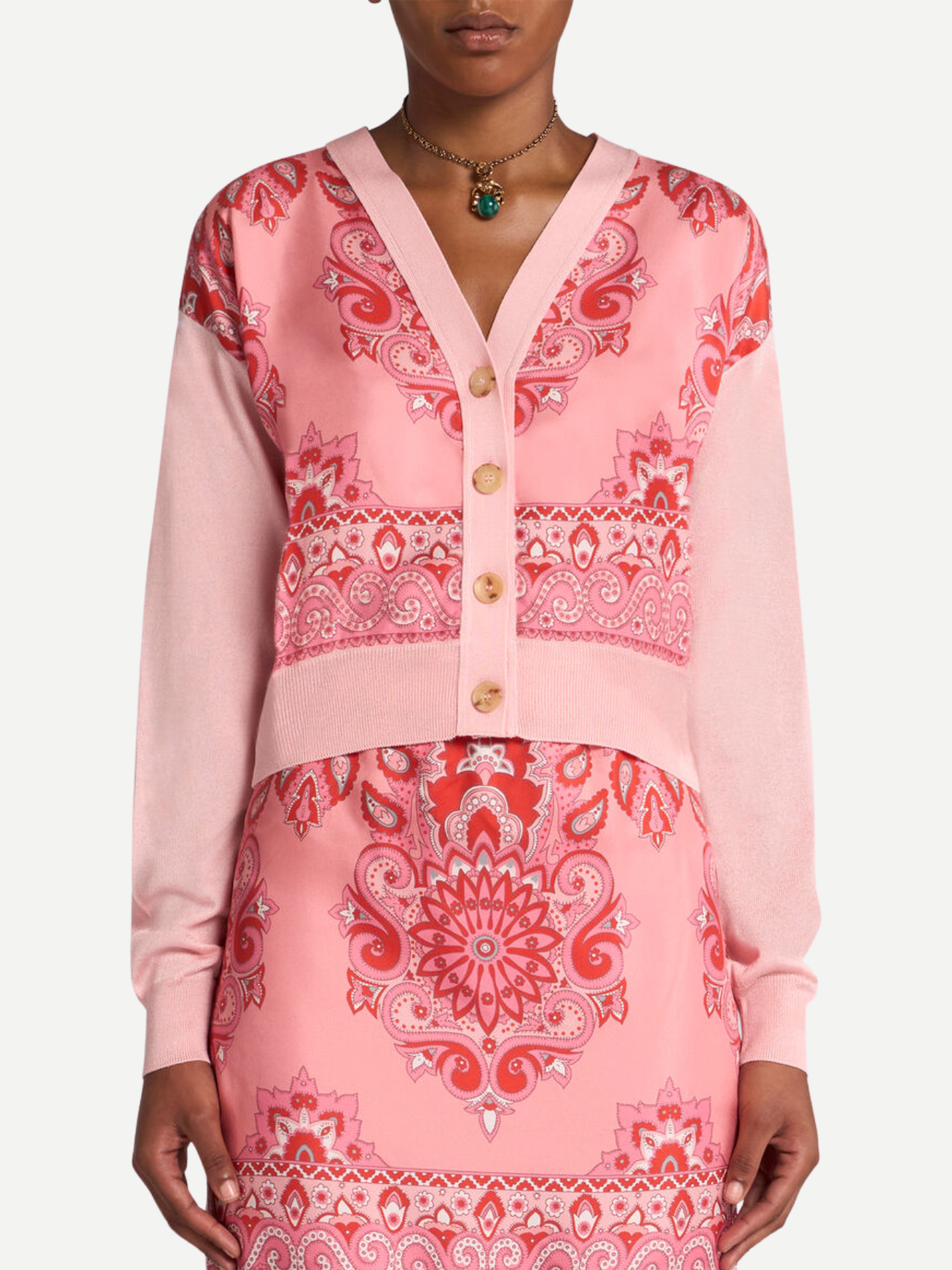 Etro-Cropped Knit Cardigan w/Print - Pink-Cardigans-Boboli-Vancouver-Canada