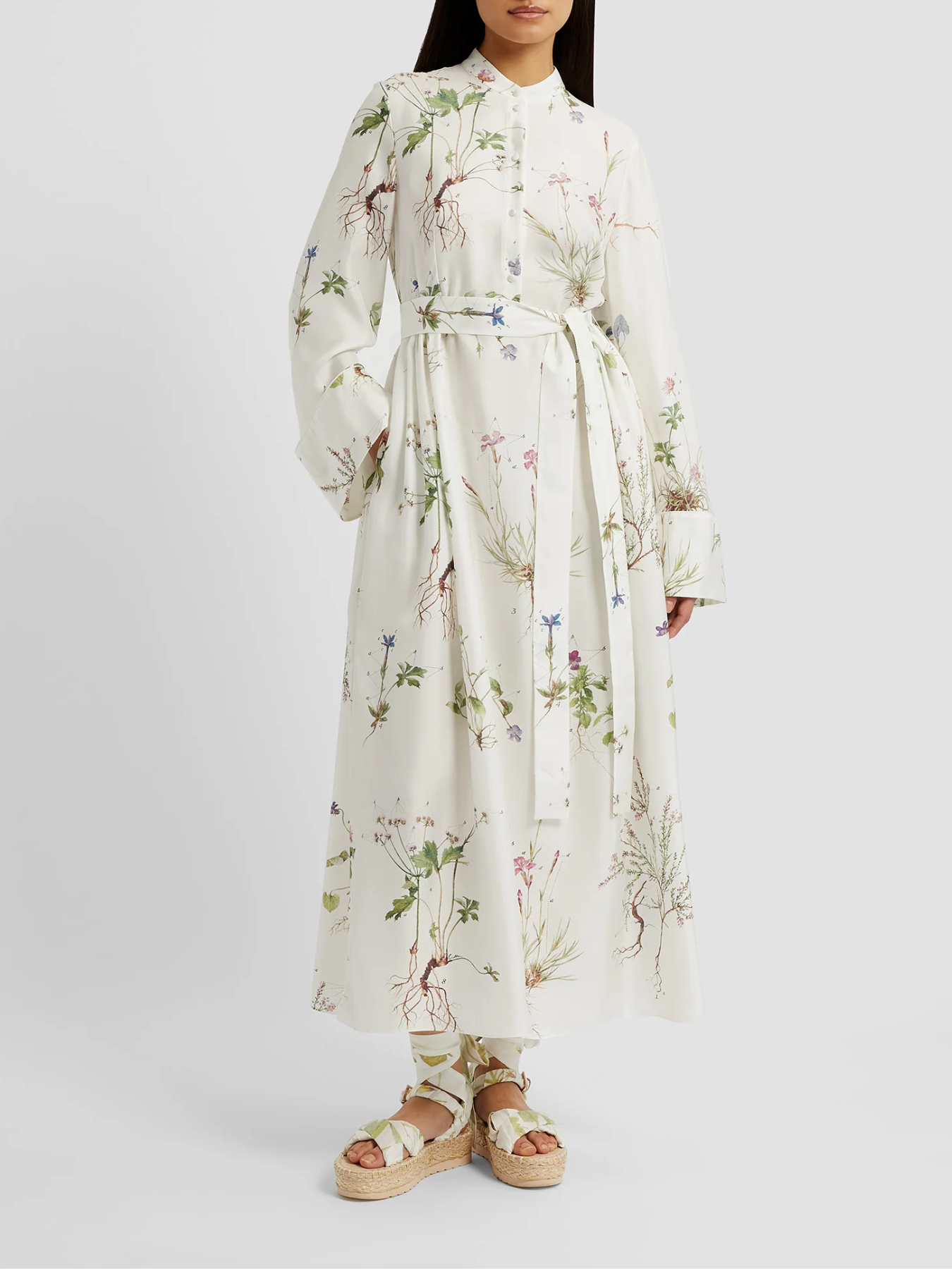Erdem-L.S. Midi Dress w/Tie Waist - Botanical Garden White-Dresses-Boboli-Vancouver-Canada