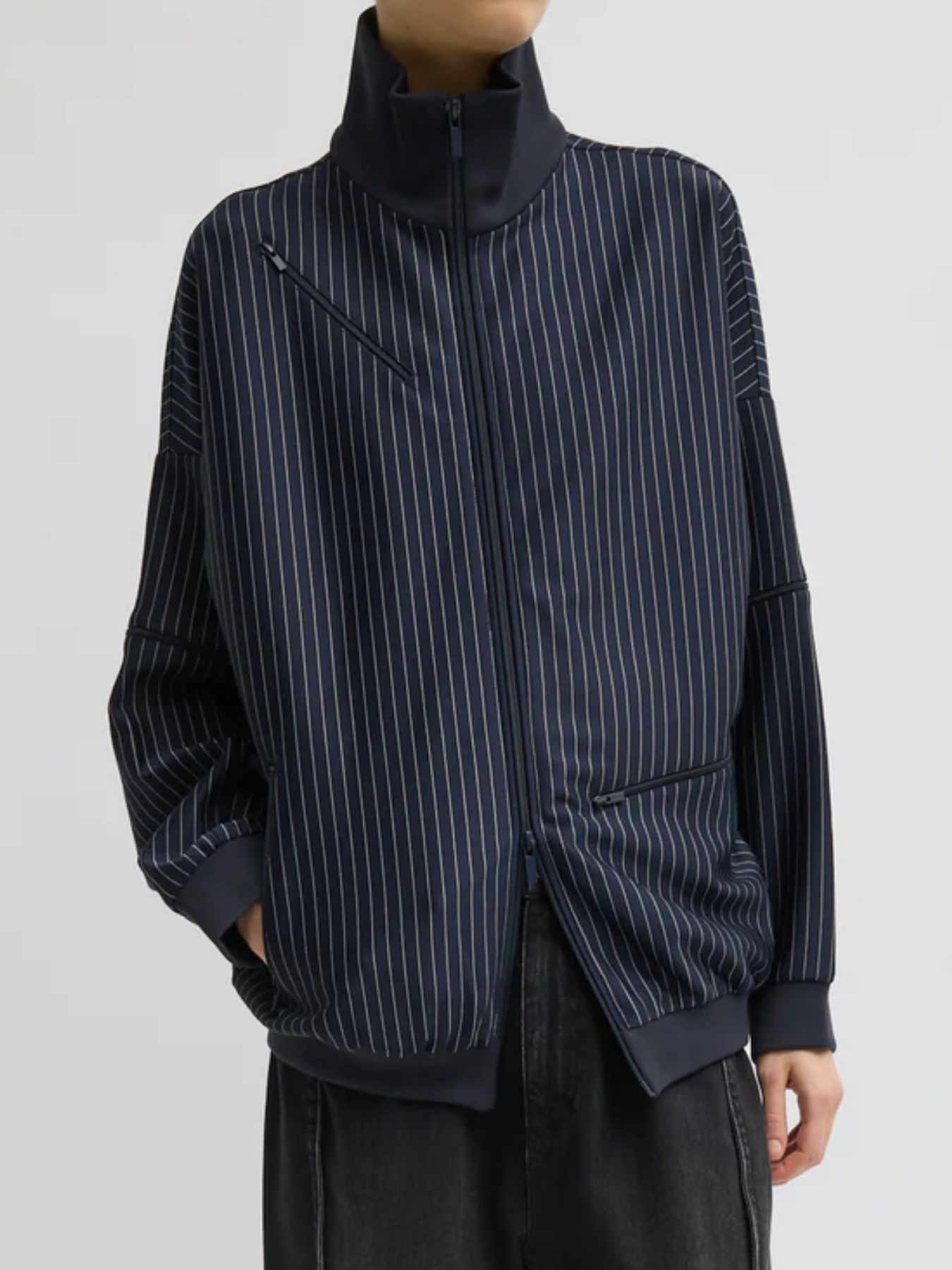 Tibi-Pinstripe Active Knit Zipper Track Jacket - Navy/Multi-Jackets-Boboli-Vancouver-Canada