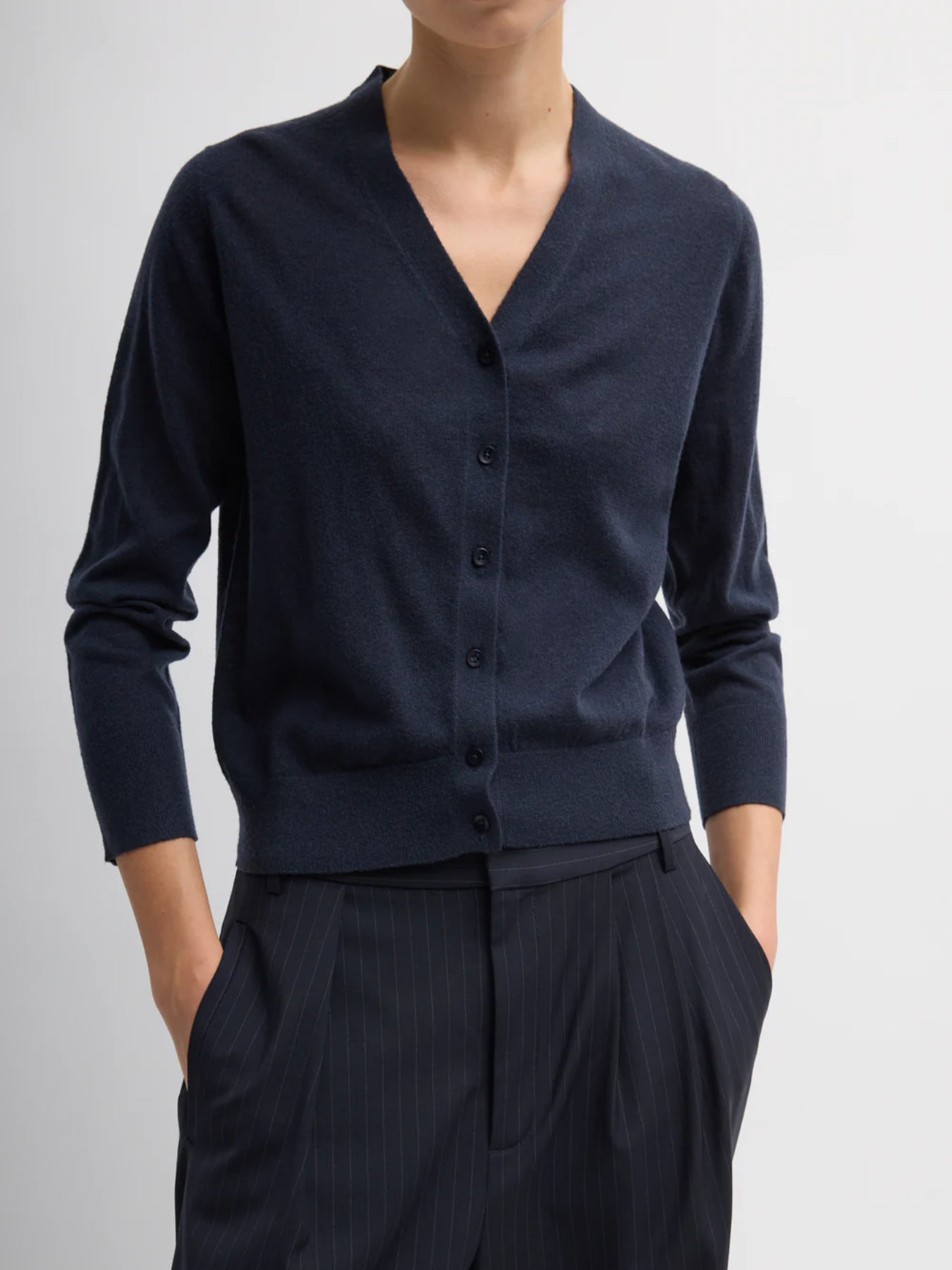 Tibi-Skinlike Mercerized Wool VNeck Cardigan - Navy-Cardigans-Boboli-Vancouver-Canada