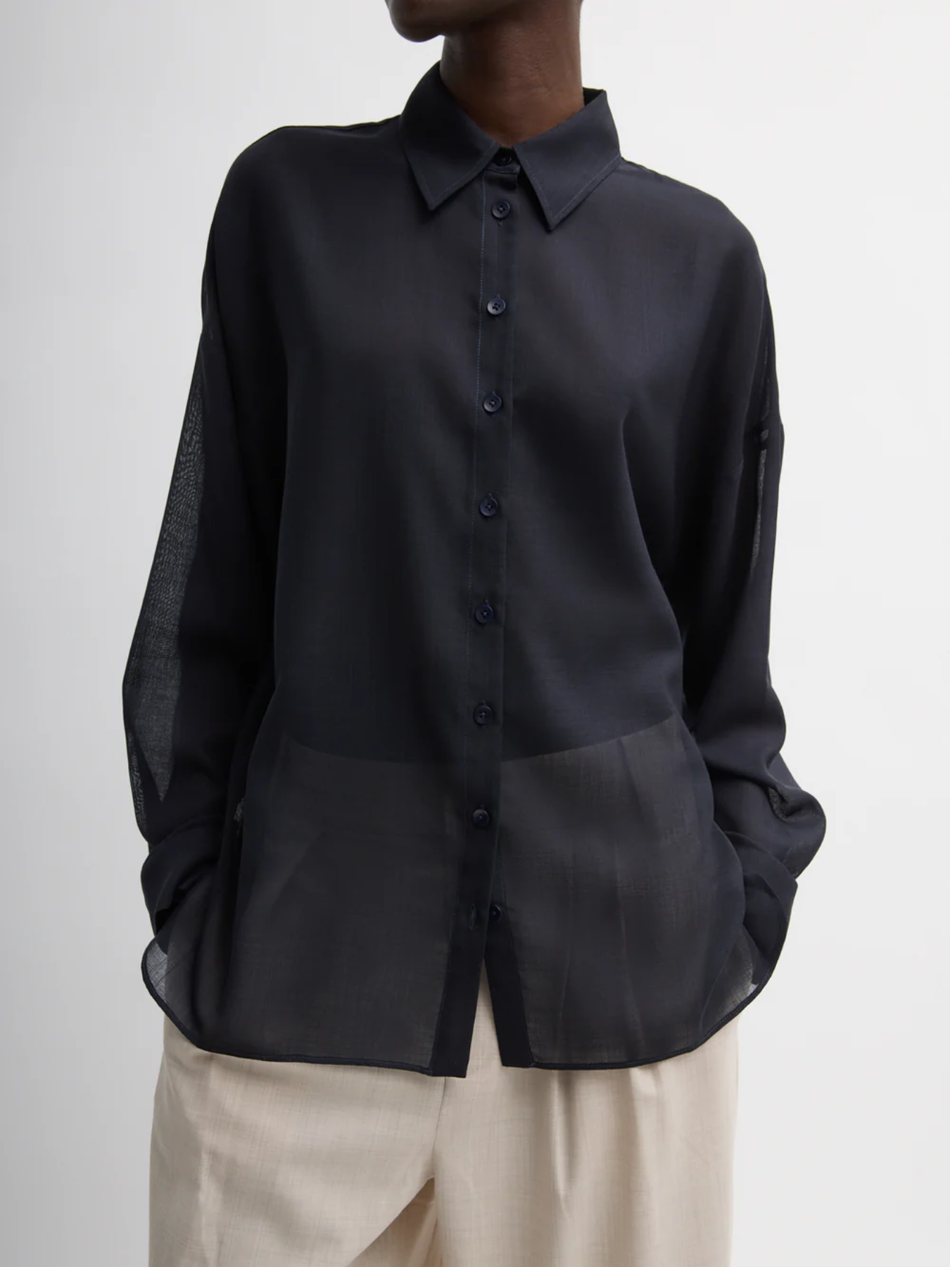 Sheer Wool Gauze Oversized Shirt - Navy