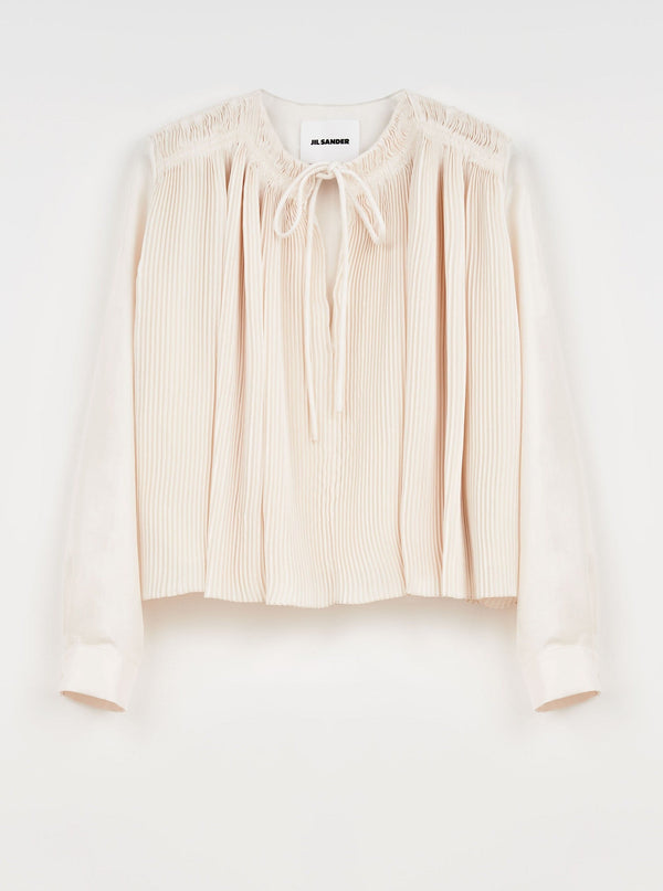 Jil Sander-Embroidered Neckline Pleated Blouse - Natural-Blouses-Boboli-Vancouver-Canada