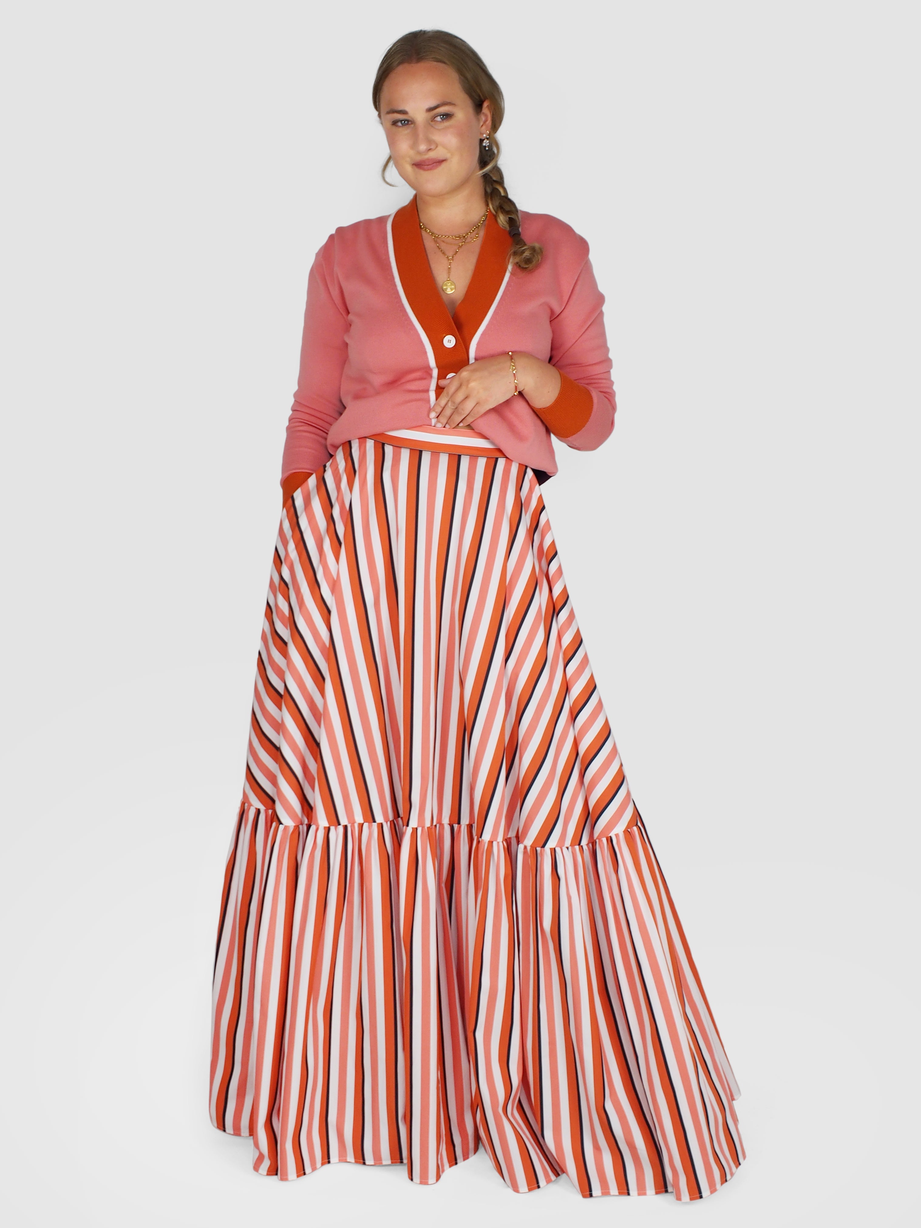 Plan C-Striped Pink Long Skirt - Pink/Black Stripe-Skirts-Boboli-Vancouver-Canada