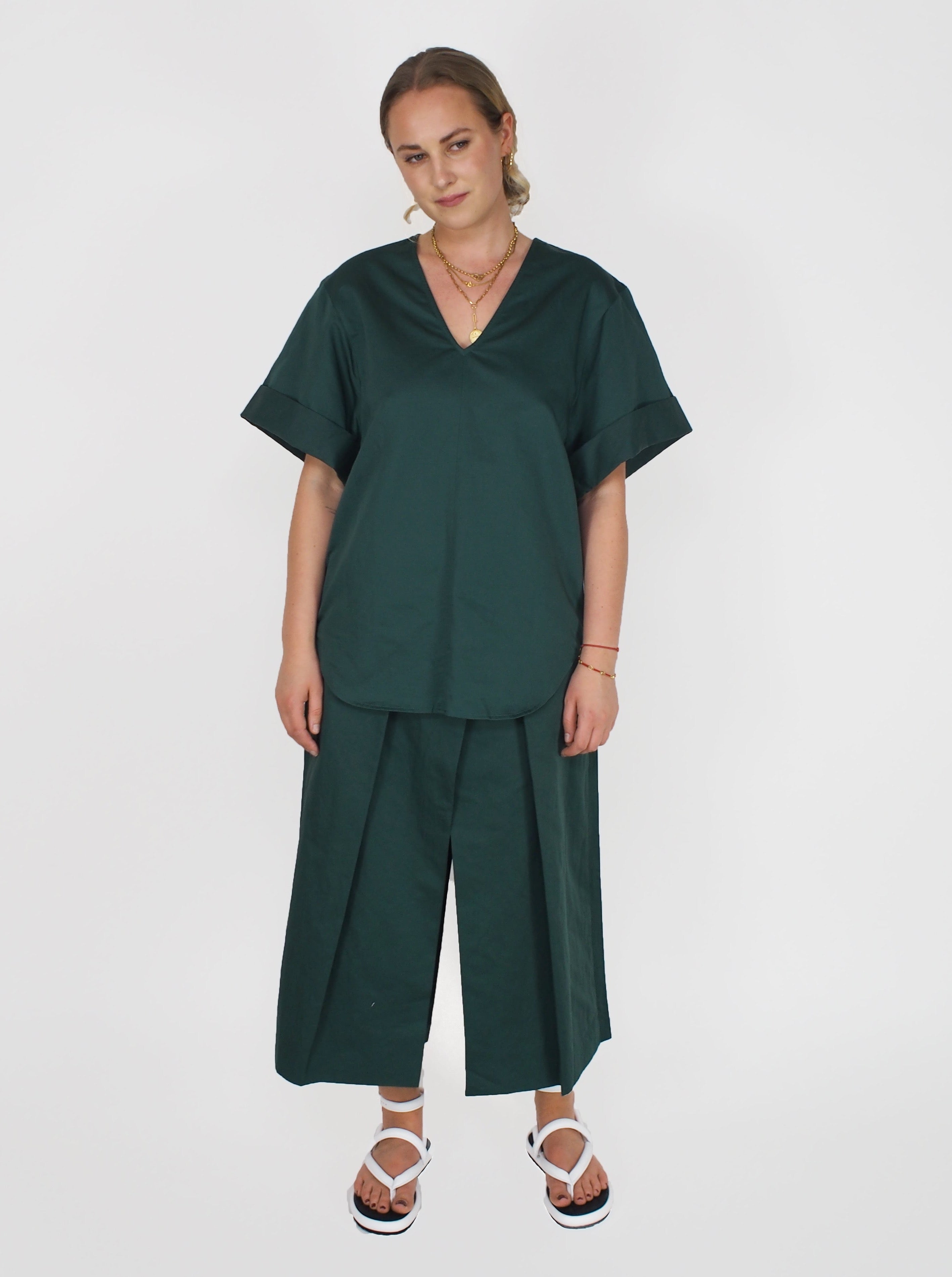 Tibi-Cotton Linen Sateen Pleat Culotte - Green-Pants-Boboli-Vancouver-Canada