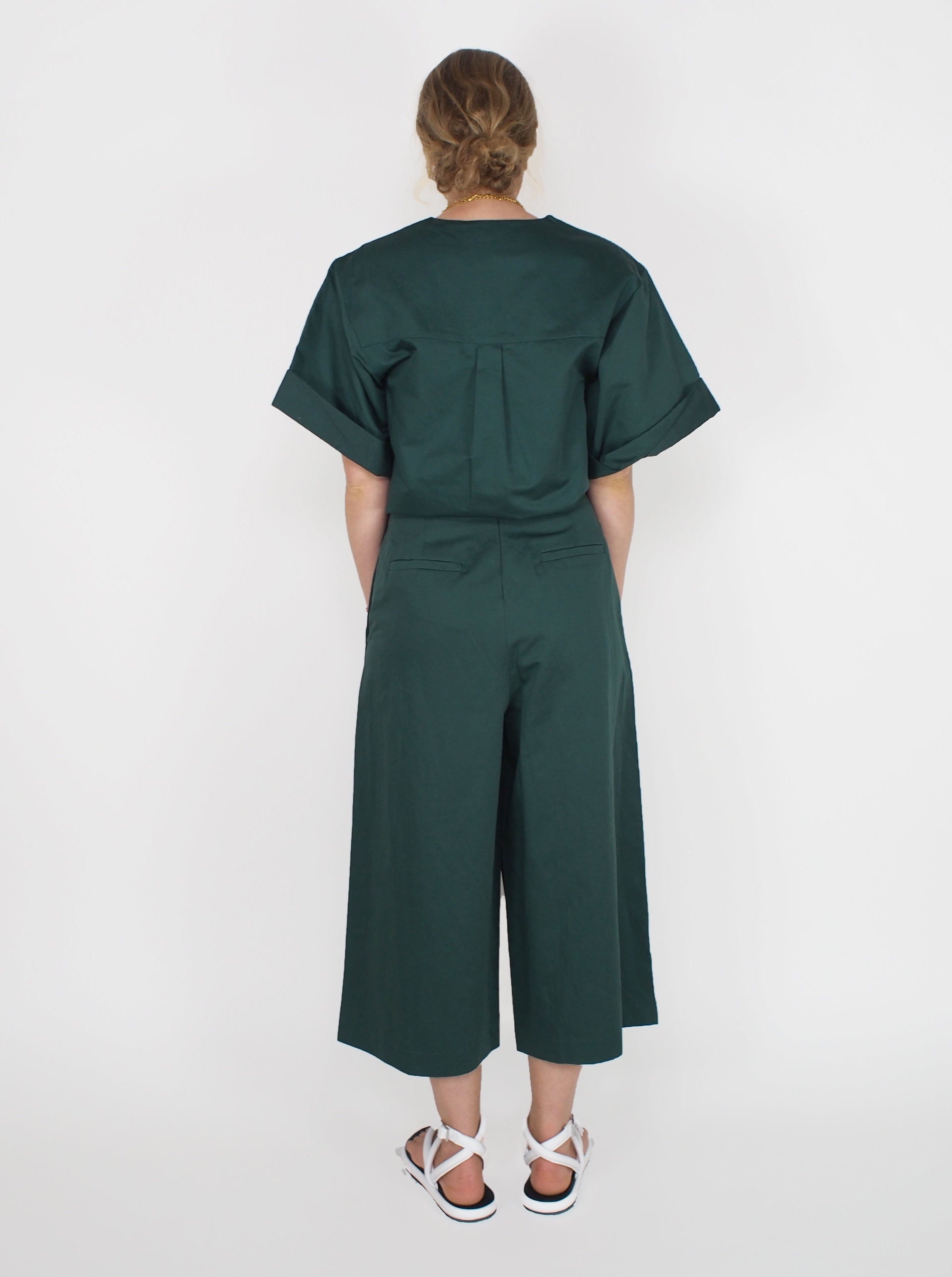 Tibi-Cotton Linen Sateen Pleat Culotte - Green-Pants-Boboli-Vancouver-Canada