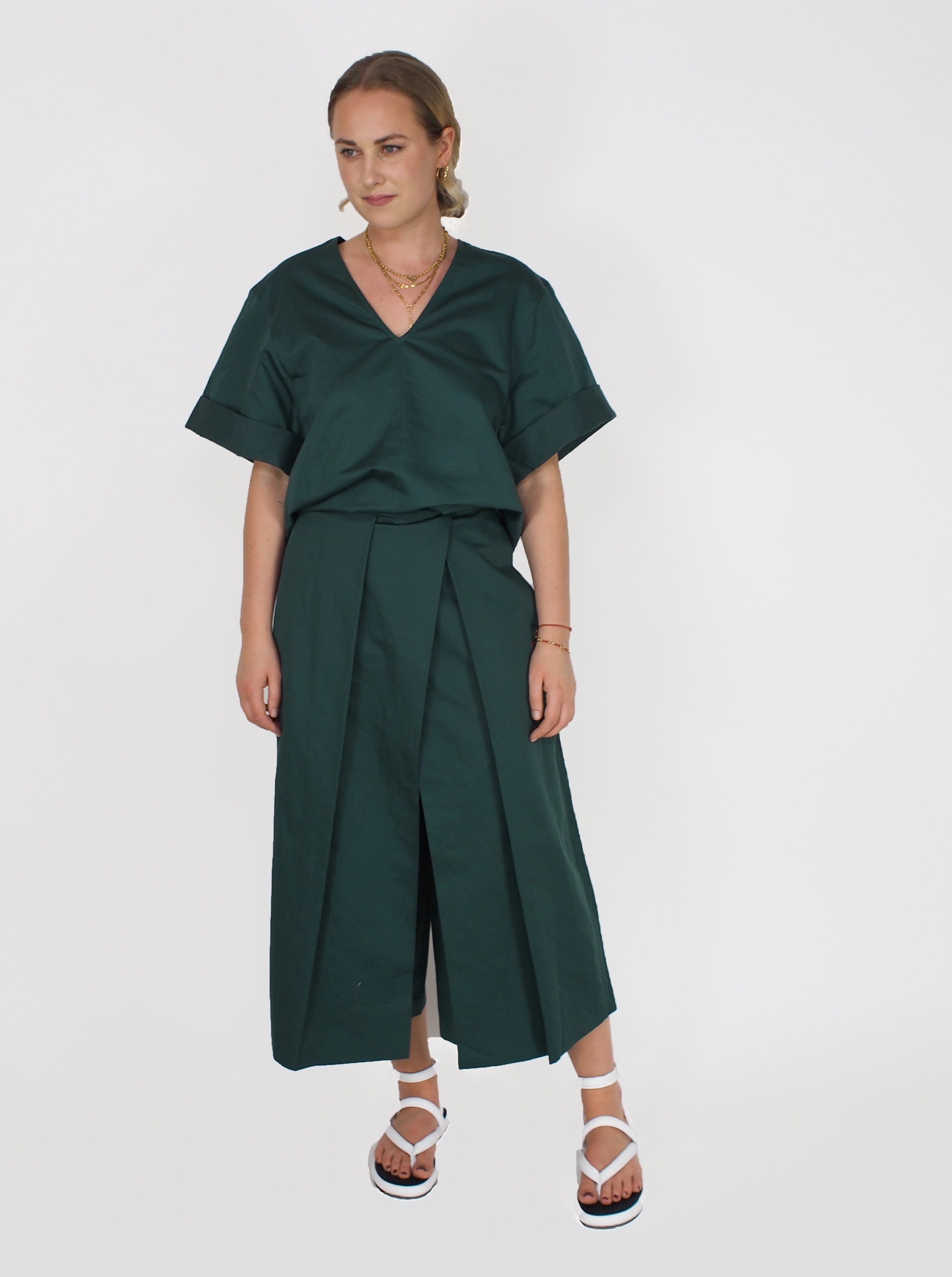 Tibi-Cotton Linen Sateen Pleat Culotte - Green-Pants-Boboli-Vancouver-Canada