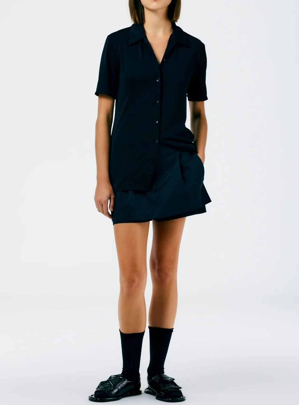 Tibi-Harlow Jersey Slim S.S. Shirt - Navy Blue-Shirts-Boboli-Vancouver-Canada