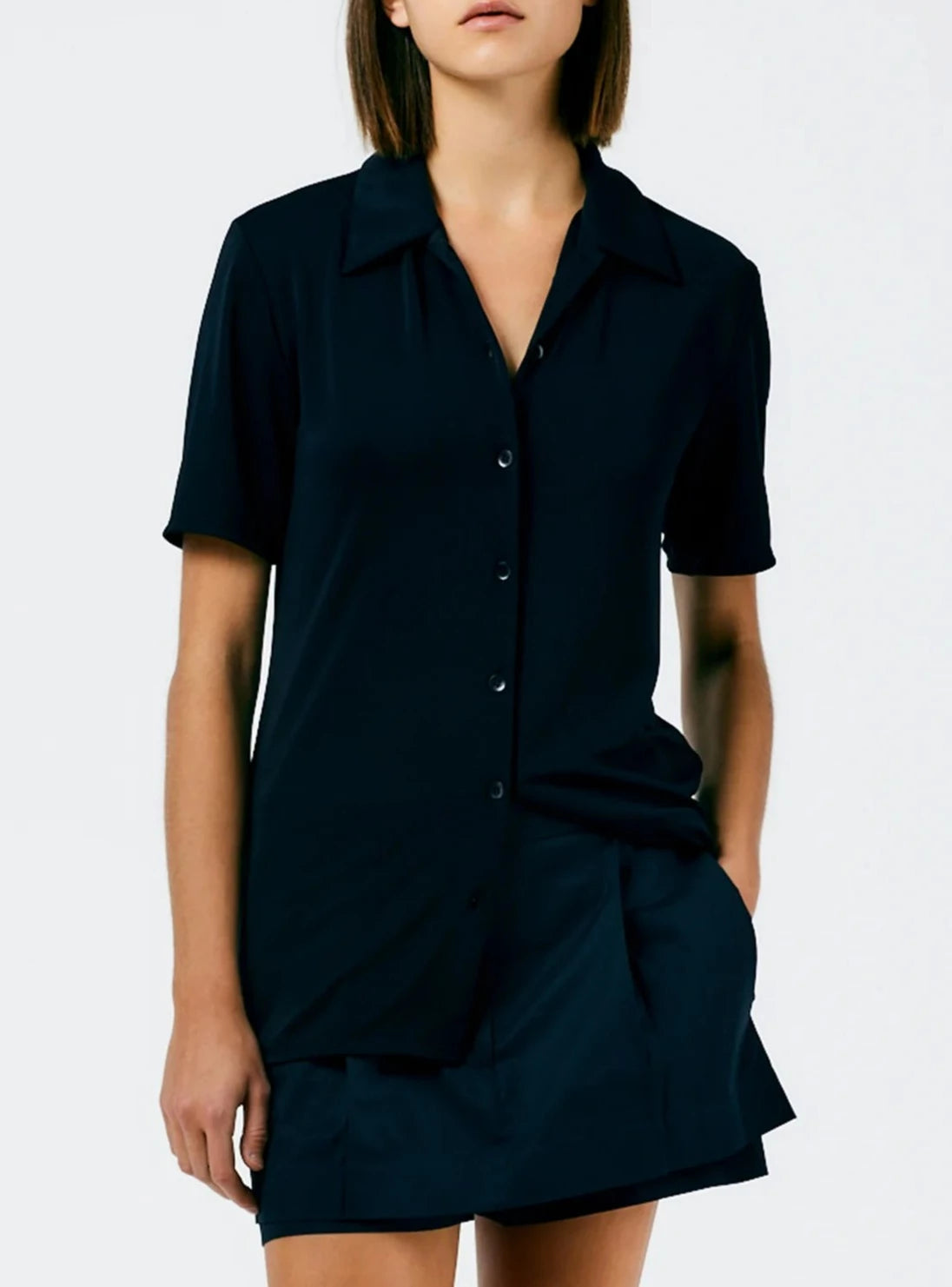 Tibi-Harlow Jersey Slim S.S. Shirt - Navy Blue-Shirts-Boboli-Vancouver-Canada