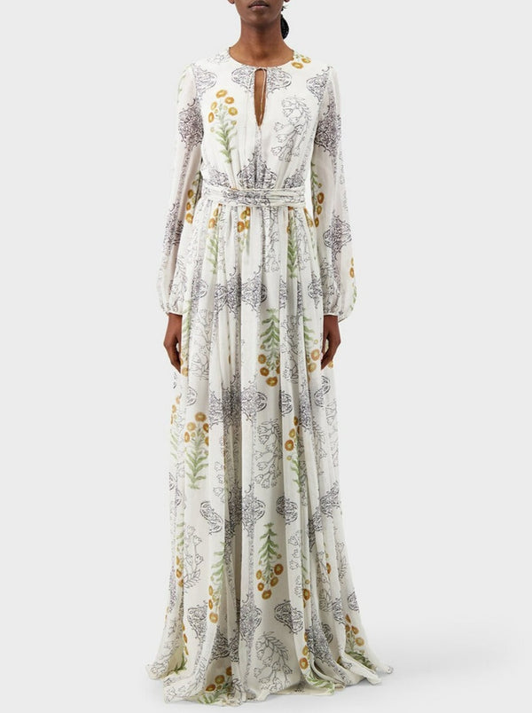 Long Dress in Indian Bouquets Silk - White/Multi