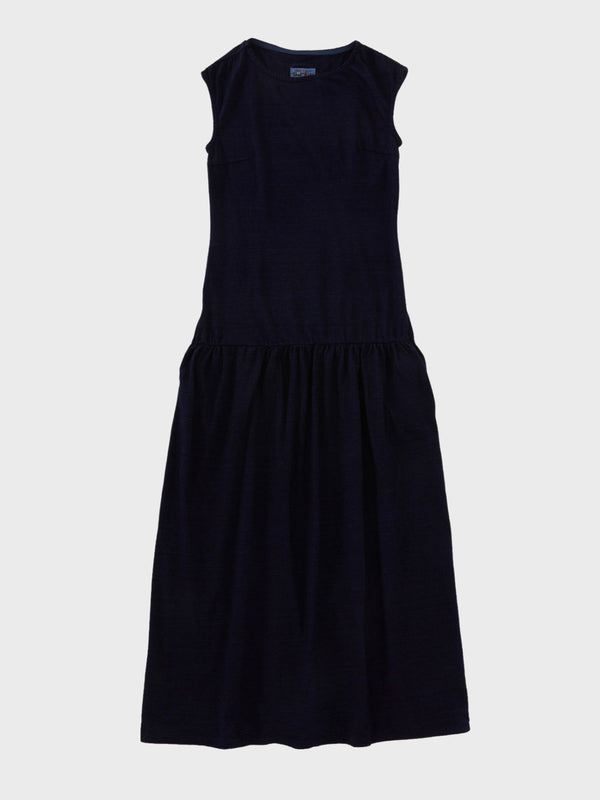 Knitted Indigo Slub Gathered Dress - Indigo