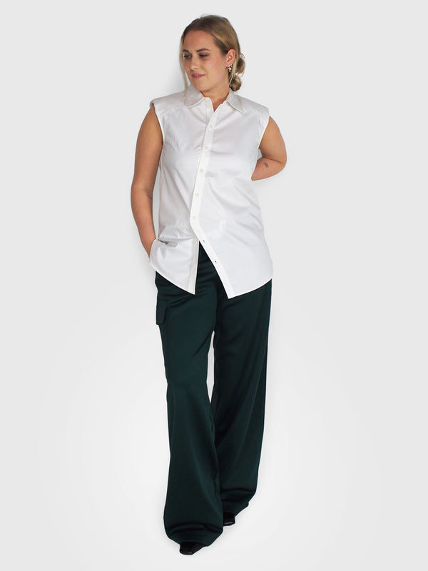 Eco Poplin Sleeveless Shoulderpad Shirt - White