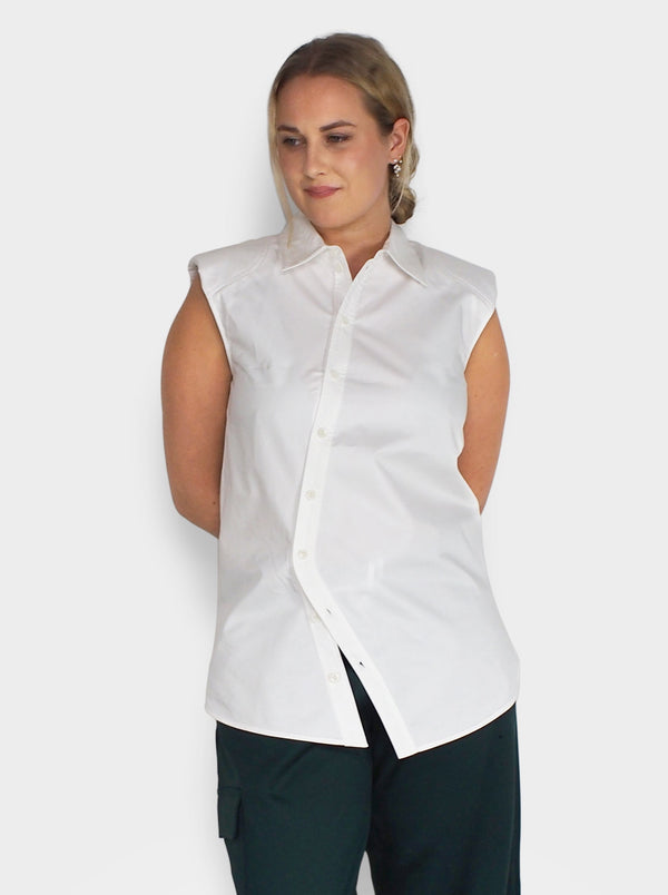 Eco Poplin Sleeveless Shoulderpad Shirt - White