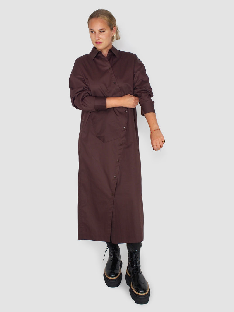 Lightweight Cotton Sateen Shirtdress - Brown