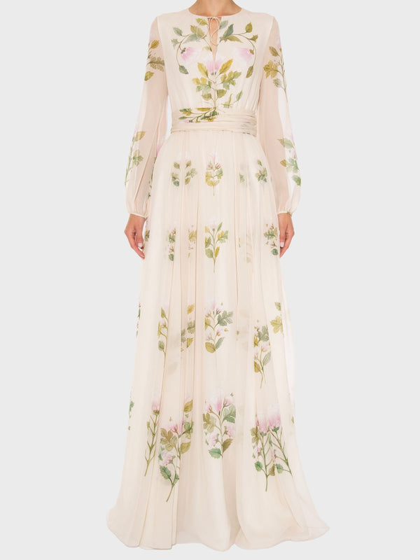 Long Dress in Bouquets of Roses Georgette - Ivory/Multi