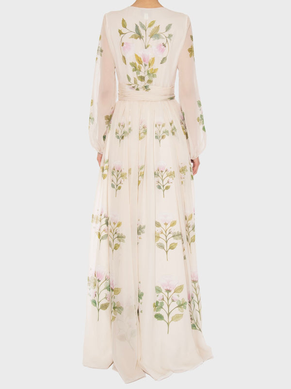 Long Dress in Bouquets of Roses Georgette - Ivory/Multi